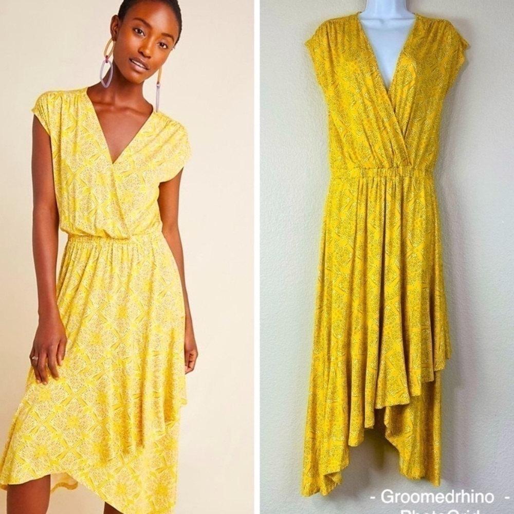 Anthropologie Maeve Fete Yellow Print Faux Wrap Midi Hi Low Dress Womens Small